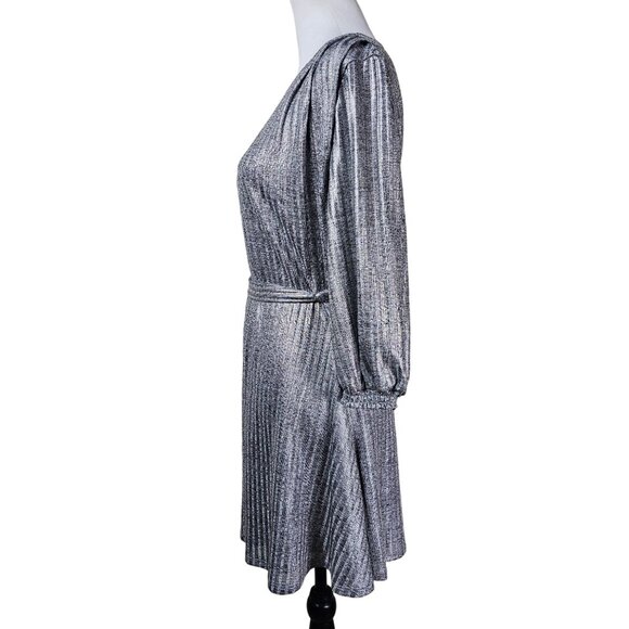 Tularosa Dries Mini Dress Sz M Silver Metallic Belted Pleated Cocktail Party - Picture 4 of 16